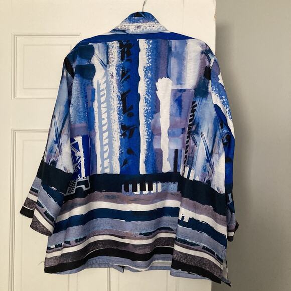 Ali Miles Lagenlook Blouse wired collar Blue artsy Geometric Long Sleeve PLUS 2X - Picture 2 of 11